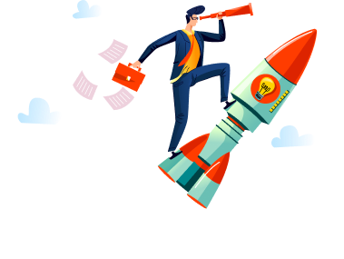 Businessman with telescope standing on a rocket, surrounded by flying papers and clouds